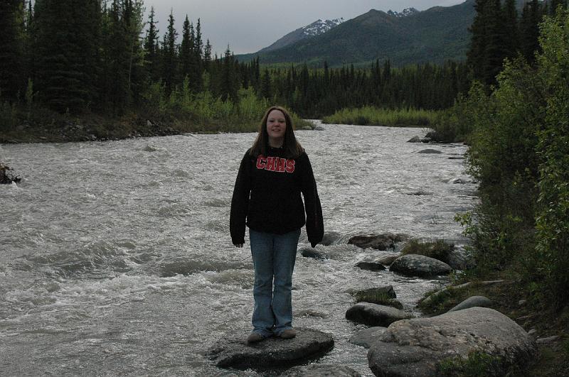 2005JuneAK0661.JPG - 2005 - Denali NP, AK - Stephanie standing by the Nenana River