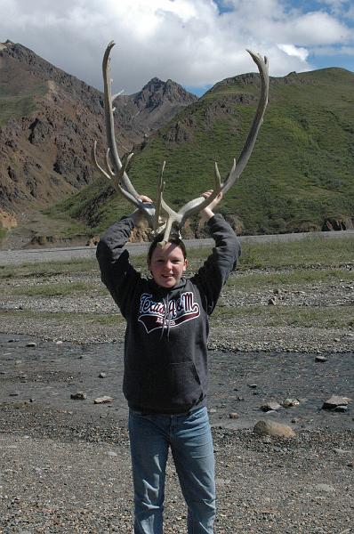 2005JuneAK0714.JPG - 2005 - Denali NP, AK - Stephanie & Caribou horns at Toklat River